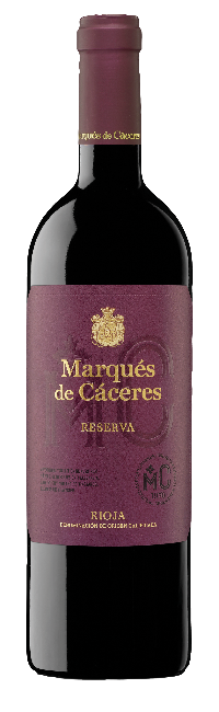 A bottle of Marqués de Cáceres Reserva wine with a dark label and red wine visible.