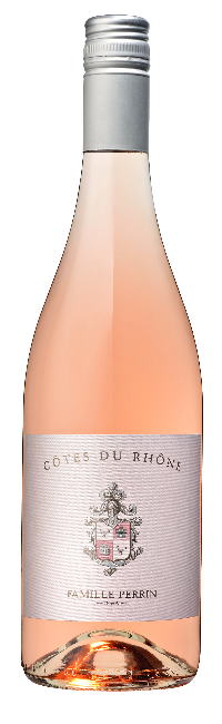 A bottle of 2024 Perrin Reserve Rose wine with a pink label and a silver cap, indicating it is a product from the Rhone region of France.