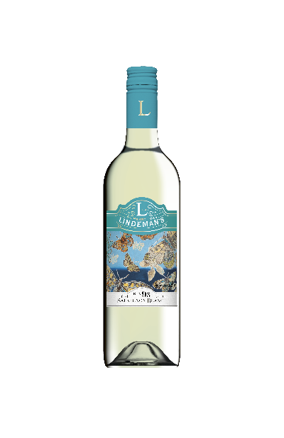 A bottle of Lindemans Bin 95 Sauvignon Blanc wine with a label featuring a blue and green design, indicating the variety and possibly the vintage.