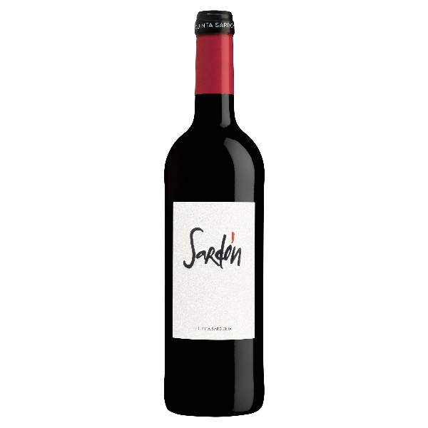 This image features a bottle of Quinta Sardonia Sardon 2022 wine, highlighted by its minimalist design. The bottle is colored in a deep hue, possibly red, with a white label that prominently displays the name "Sardon" in a stylish, scripted font.