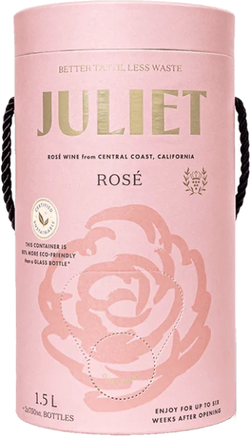 A can of Juliet Rose wine with a pink label and a rose illustration. The text indicates it is a 1.5L magnum tote.