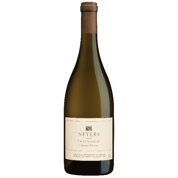 Bottle of Neyers Chardonnay Carneros 2022 wine with a white label on a clear background.