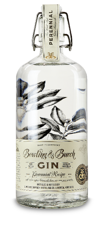 This image features a bottle of Bowling & Burch Gin, presented against a plain white background that emphasizes the product's details and design. The bottle is clear, showcasing the smooth, clear liquid inside, and is adorned with an elegant, vintage-style label that reads "Bowling & Burch Gin".