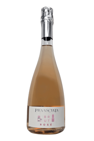 Bottle of Pianasciata Brut Rose wine on a white background