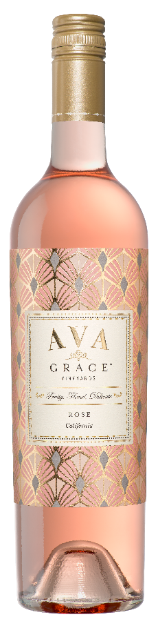 This image features a bottle of 2023 Ava Grace Rose wine. The bottle displays an elegant design with a geometric pattern in a subtle rose gold color that enhances its visual appeal.