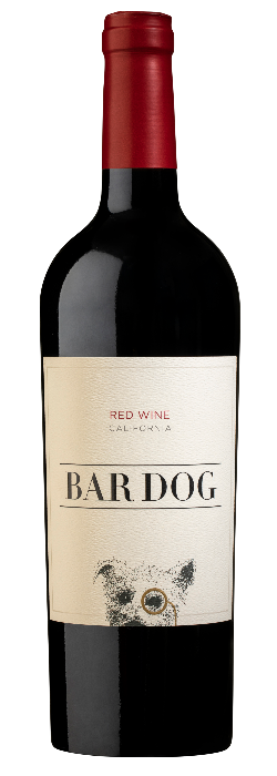 A bottle of Bar Dog Red Blend 2023 wine with a label predominantly in beige and red colors, featuring an image of a dog.