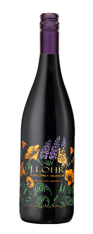 A bottle of J Lohr Wildflower Valdiguié wine with a floral design on the label.
