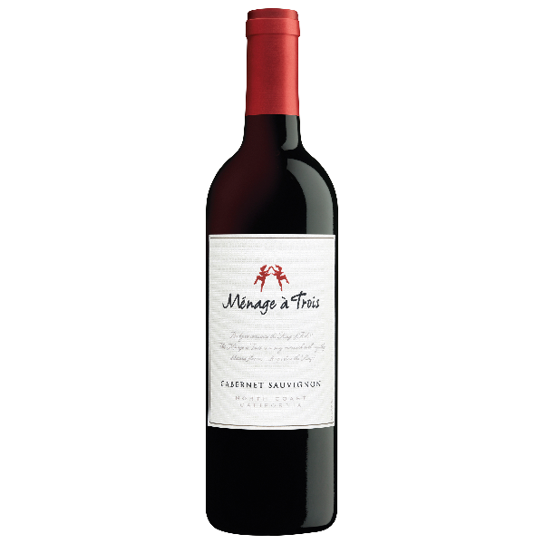 Bottle of Menage a Trois Cabernet Sauvignon red wine with a white label, displaying the wine name and vintage year.