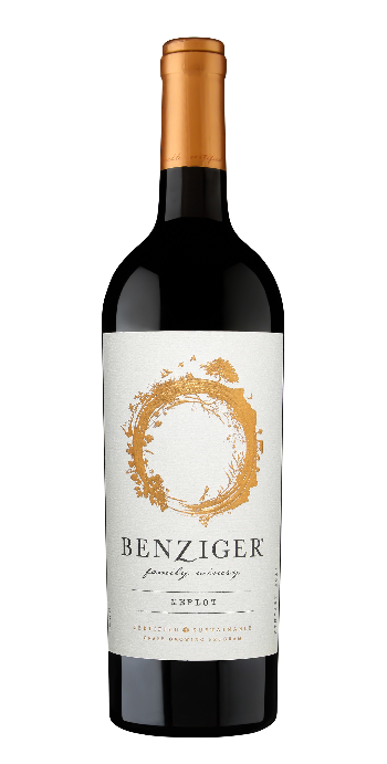 A bottle of Benziger Merlot 2023 wine with a white and gold label.