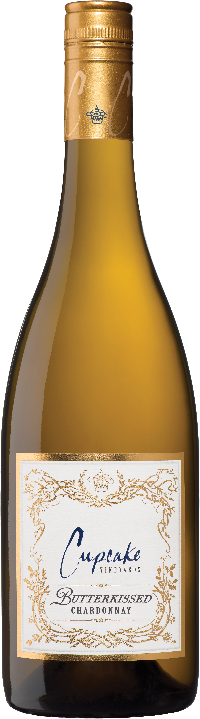 This image features a bottle of Cupcake Butterkissed Chardonnay, vintage 2023. The bottle is a standard wine bottle with a tall, slim shape, showcasing a golden-yellow label that contributes to its appeal.