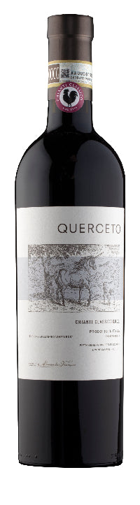 A bottle of Castello Di Querceto Chianti Classico 2023 with a white label and a depiction of a horse and cart on the front.