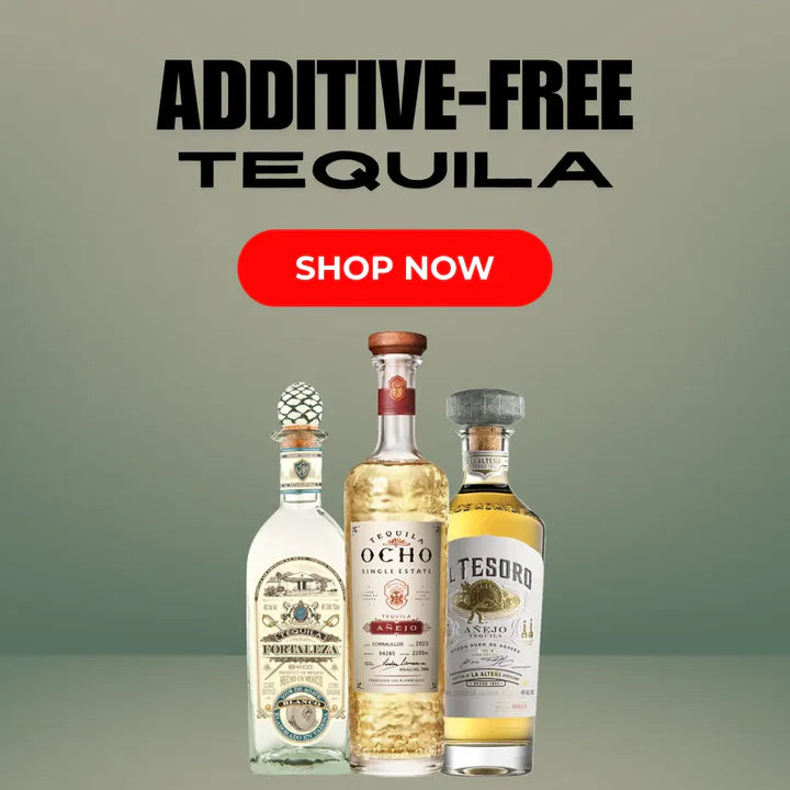 Three bottles of tequila with labels on a gray background, featuring text promoting additive-free tequila and a 'Shop Now' button.
