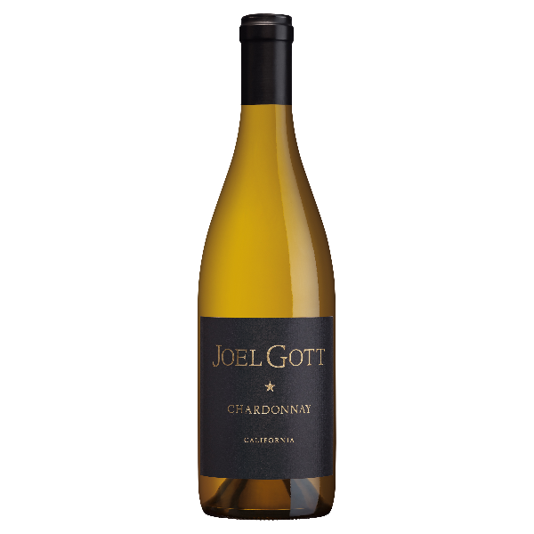 A bottle of Joel Gott Chardonnay white wine with a black label, the wine appears golden in color.