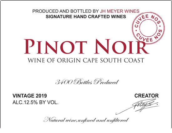 JH Meyer Wines Pinot Noir No SO2 Cape South Coast, Liquor Cave
